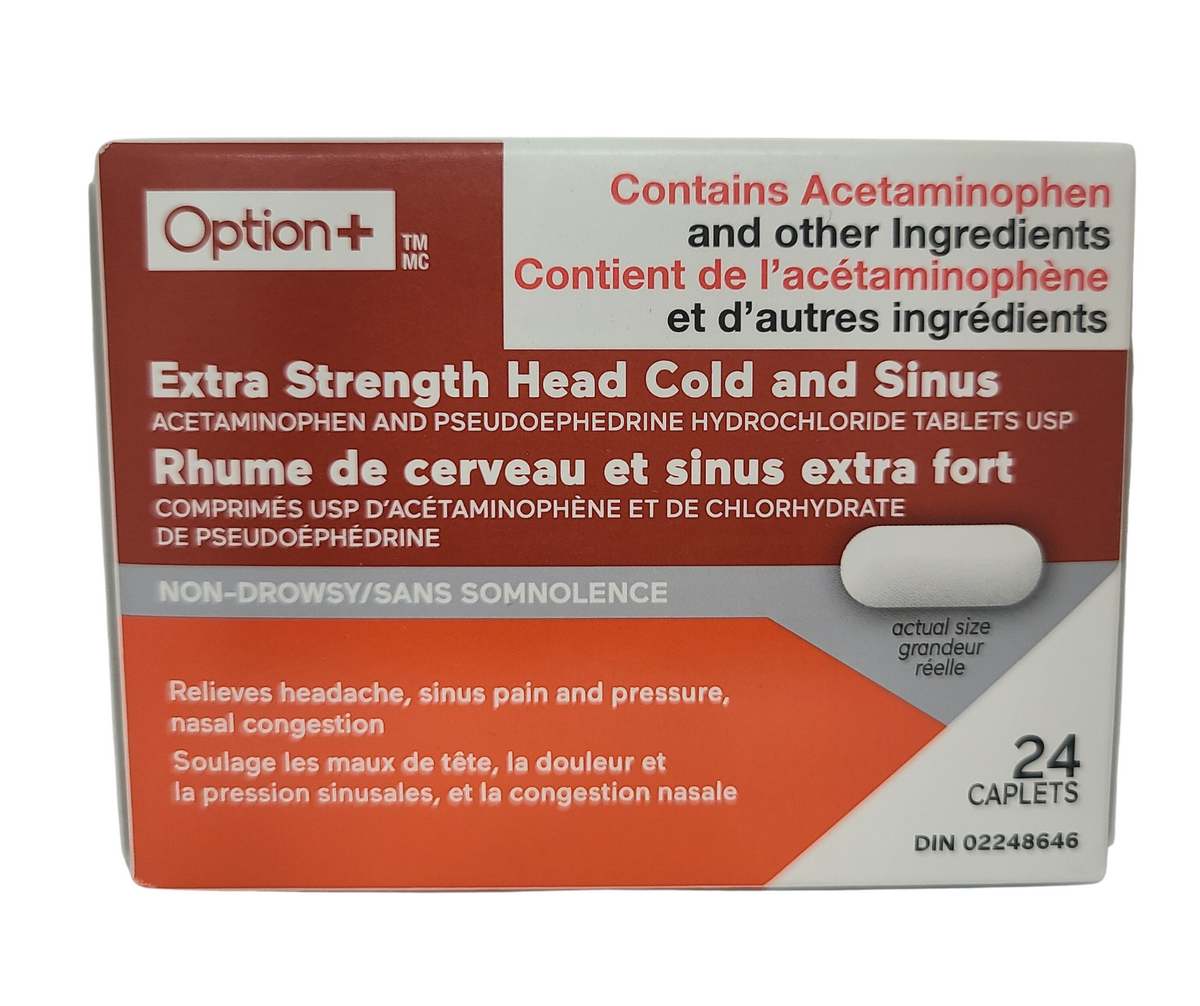 Option+ Extra Strength Head Cold and Sinus 24 Caplets Pharmacy For Life