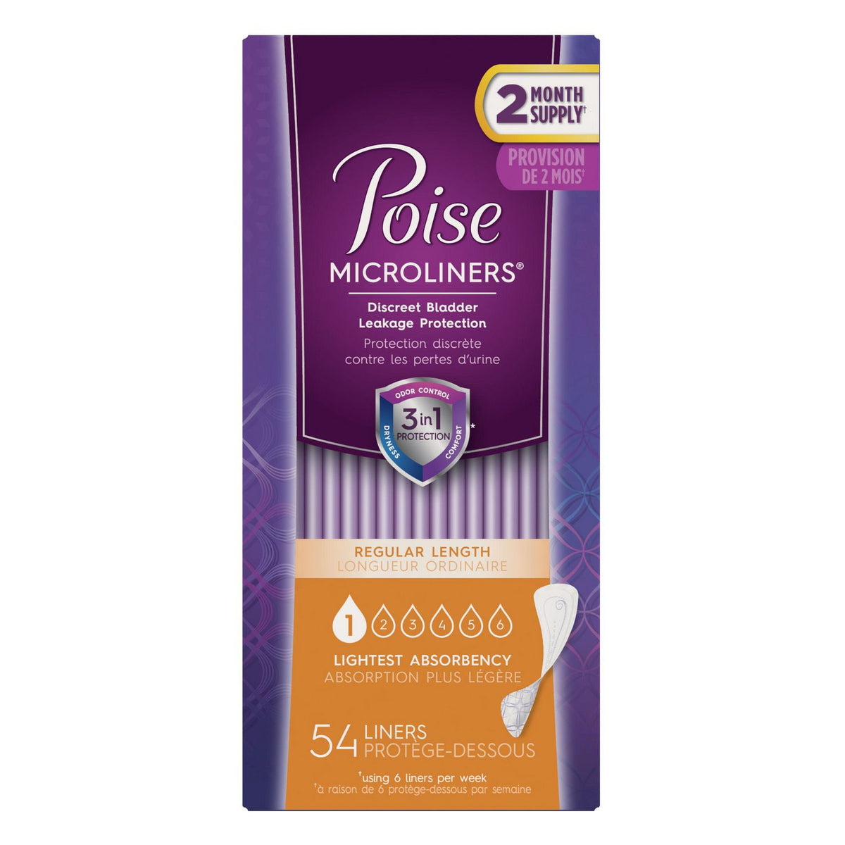 Poise Microliners, incontinence panty liners, lightest absorbency, regular,  54 Count, PACK OF 2 54 Count (Pack of 1)