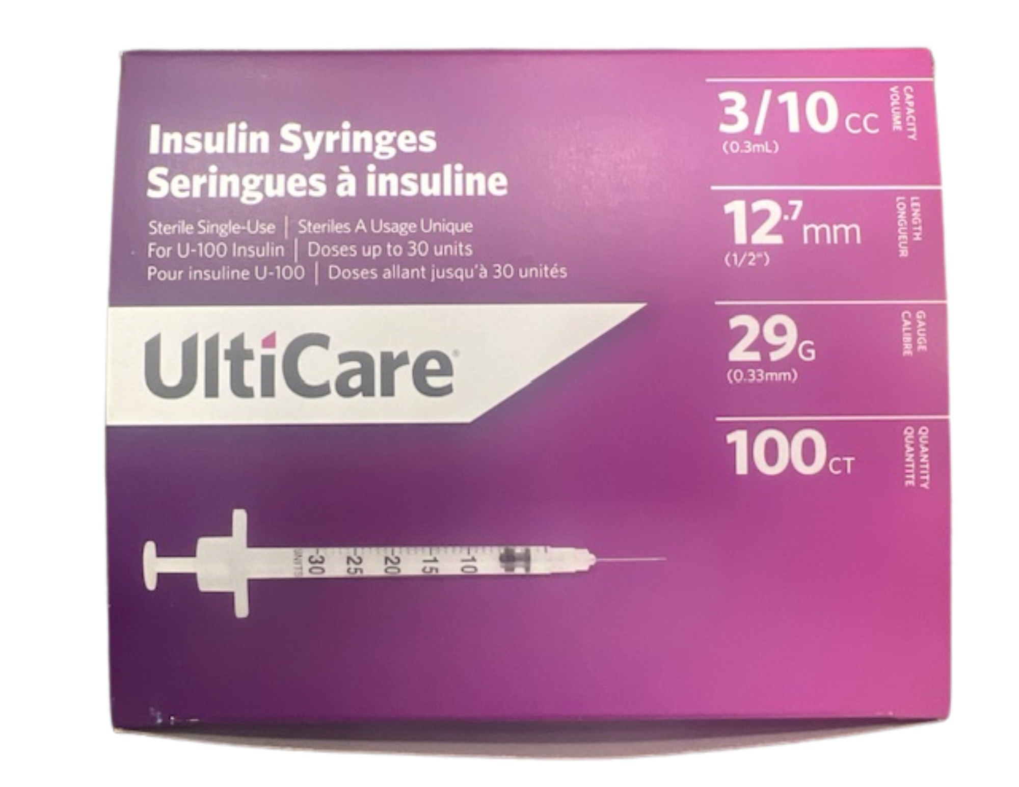 UltiCare Insulin Syringes 3/10cc 12.7mm 29G 100 Count