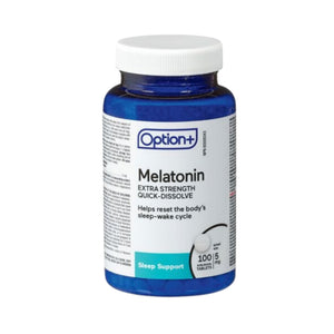 Option+ Melatonin Extra Strength Quick Dissolve bottle of 100 tablets