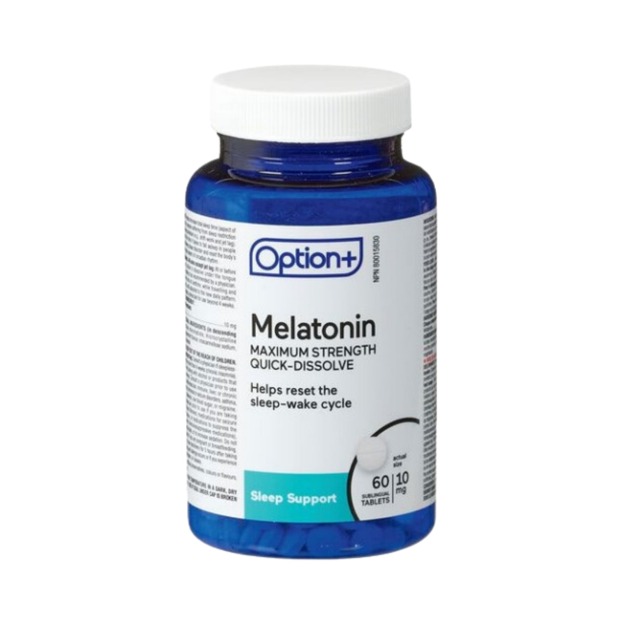 Option+ Melatonin Maximum Strength Quick Dissolve bottle of 60 tablets