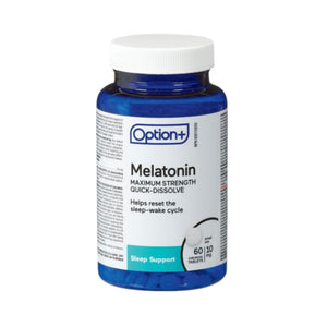 Option+ Melatonin Maximum Strength Quick Dissolve bottle of 60 tablets