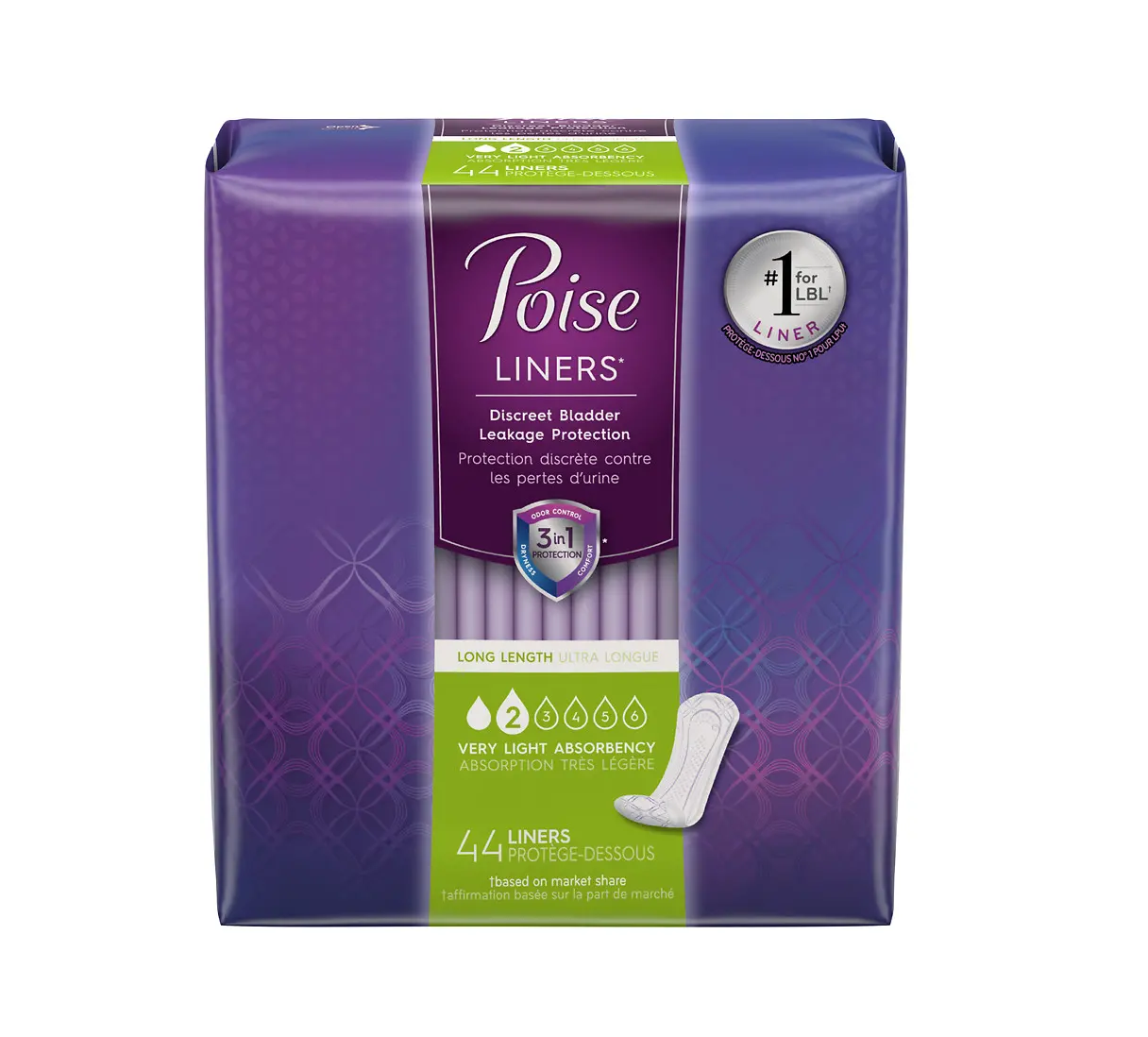 Poise Liners Long Length Very Light 44 Liners