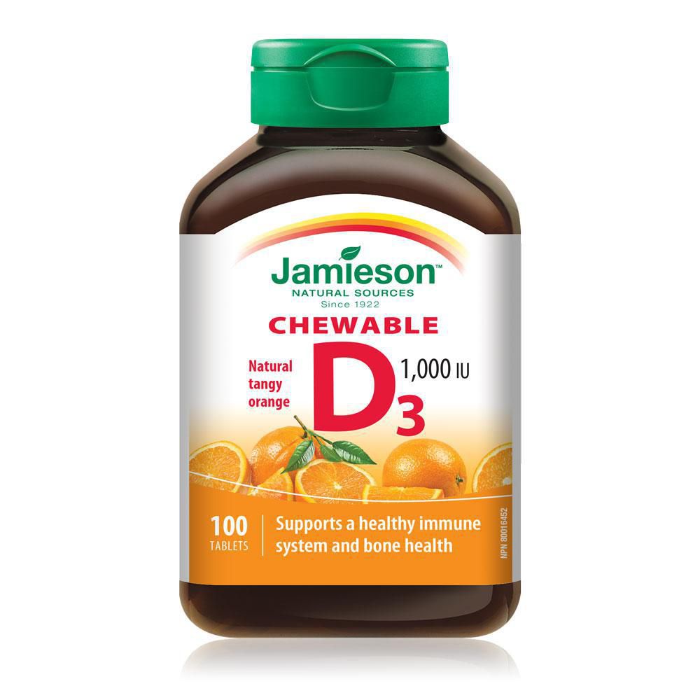 Jamieson Vitamin D 1000IU 100 Chewable Tablets Natural Tangy Orange Flavour