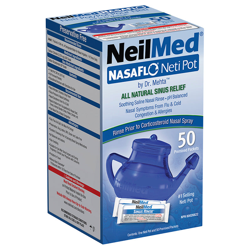 NeilMed NasaFlo Neti Pot & 50 Premixed Packets – Pharmacy For Life