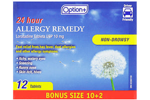 Option+ 24 Hour Allergy Remedy Loratadine Tablets 12 Tablets
