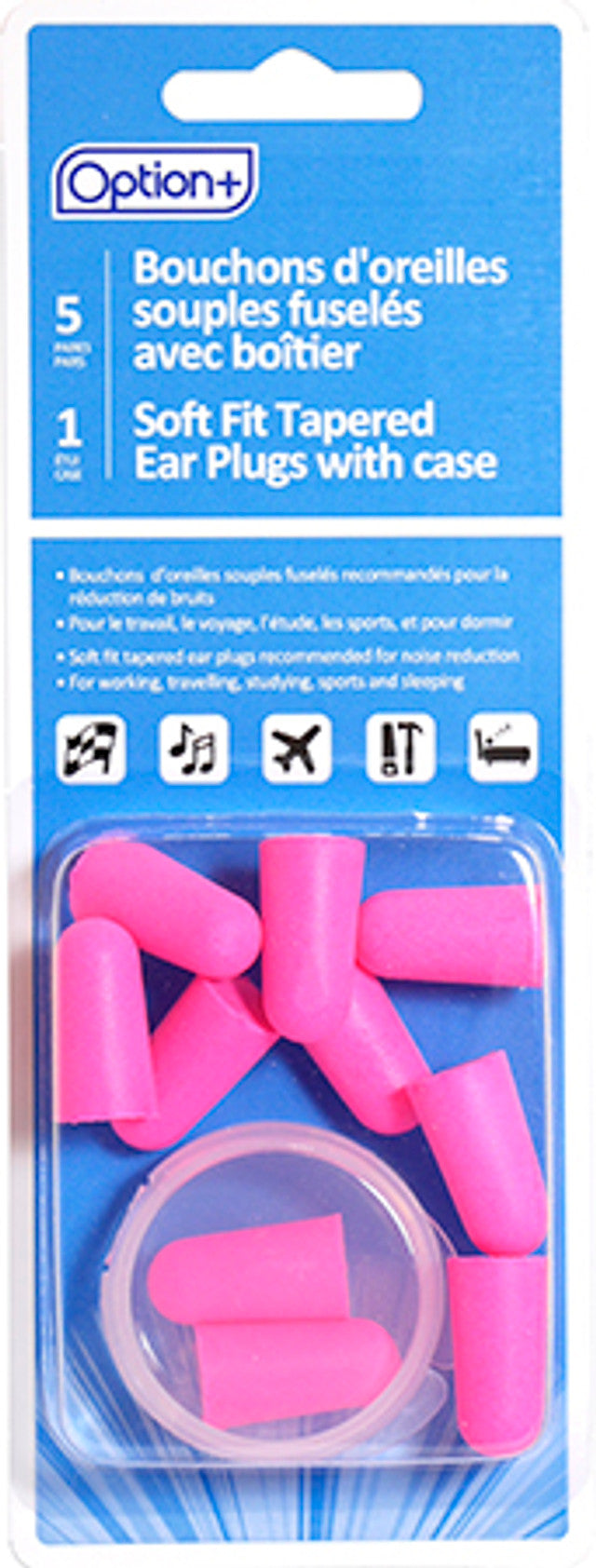 Option+ Soft Fit Tapered Ear Plugs with Case 5 Pairs