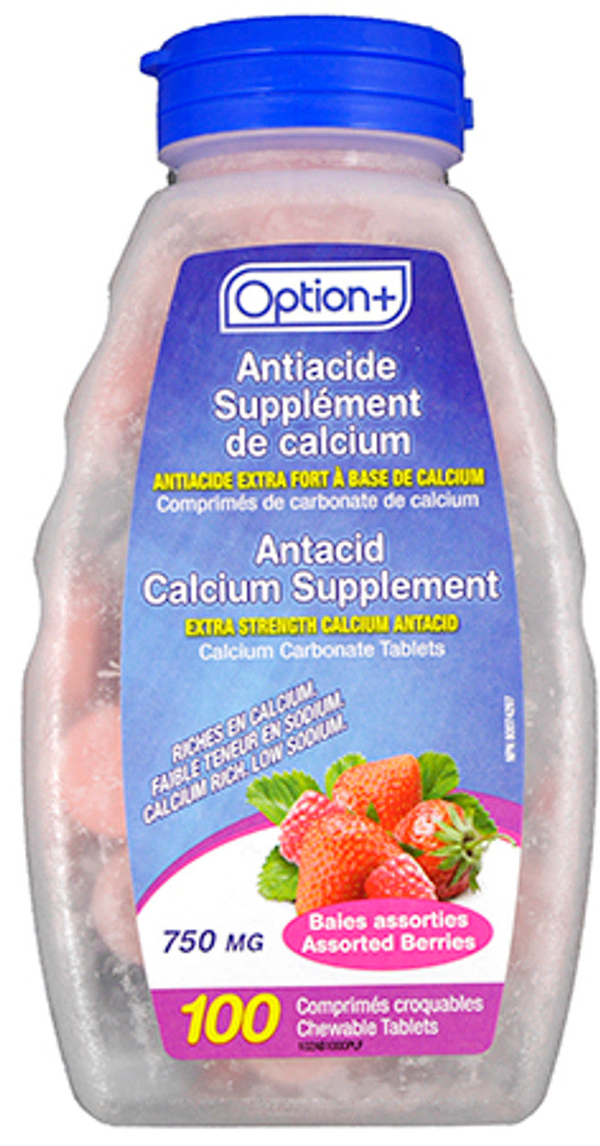 Option+ Antacid Calcium Supplement Extra Strength Assorted Berries 750mg 100 Chewable Tablets