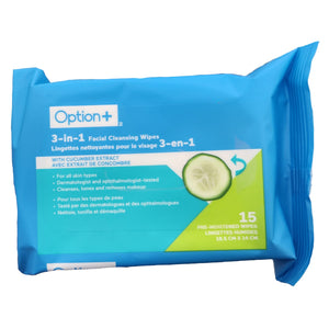 Option+ 3-in-1 Facial Cleansing Wipes with Cucumber Extract 15 Wipes